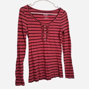 Old Navy Womens Pink Navy Striped Ruffle Henley Long Sleeve Top Small